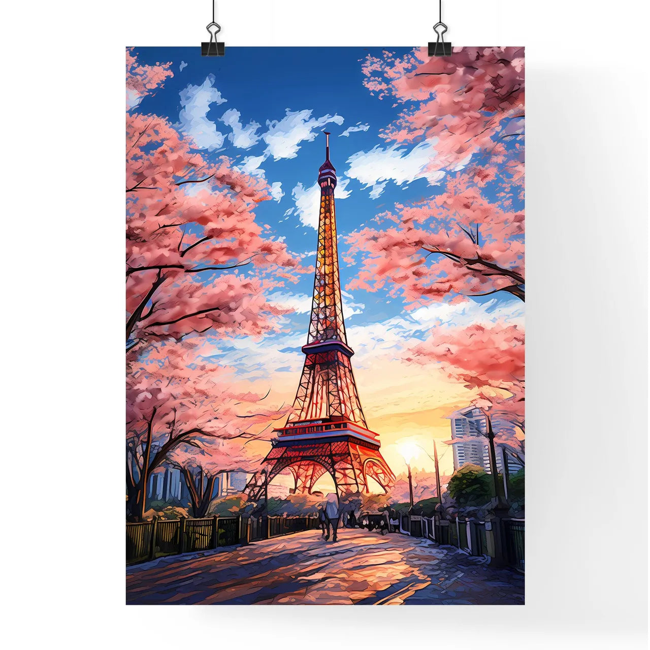 A Poster of A painting of the Tokyo Tower - A Tower With Pink Trees And People Walking In The Background Poster