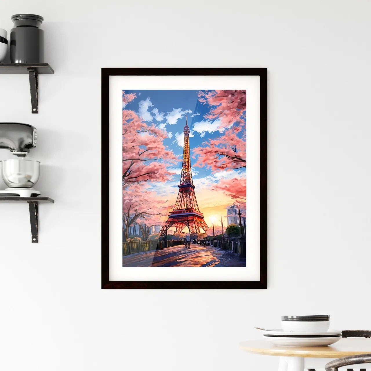 A Poster of A painting of the Tokyo Tower - A Tower With Pink Trees And People Walking In The Background Custom Print