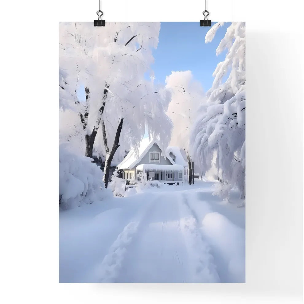 A Poster of beautiful snow scene - A House In The Snow Poster