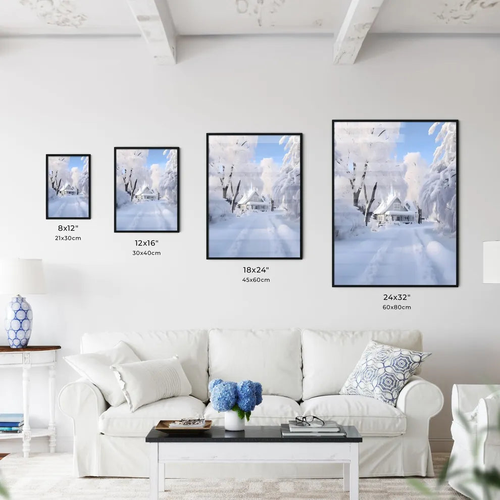 A Poster of beautiful snow scene - A House In The Snow Size Chart