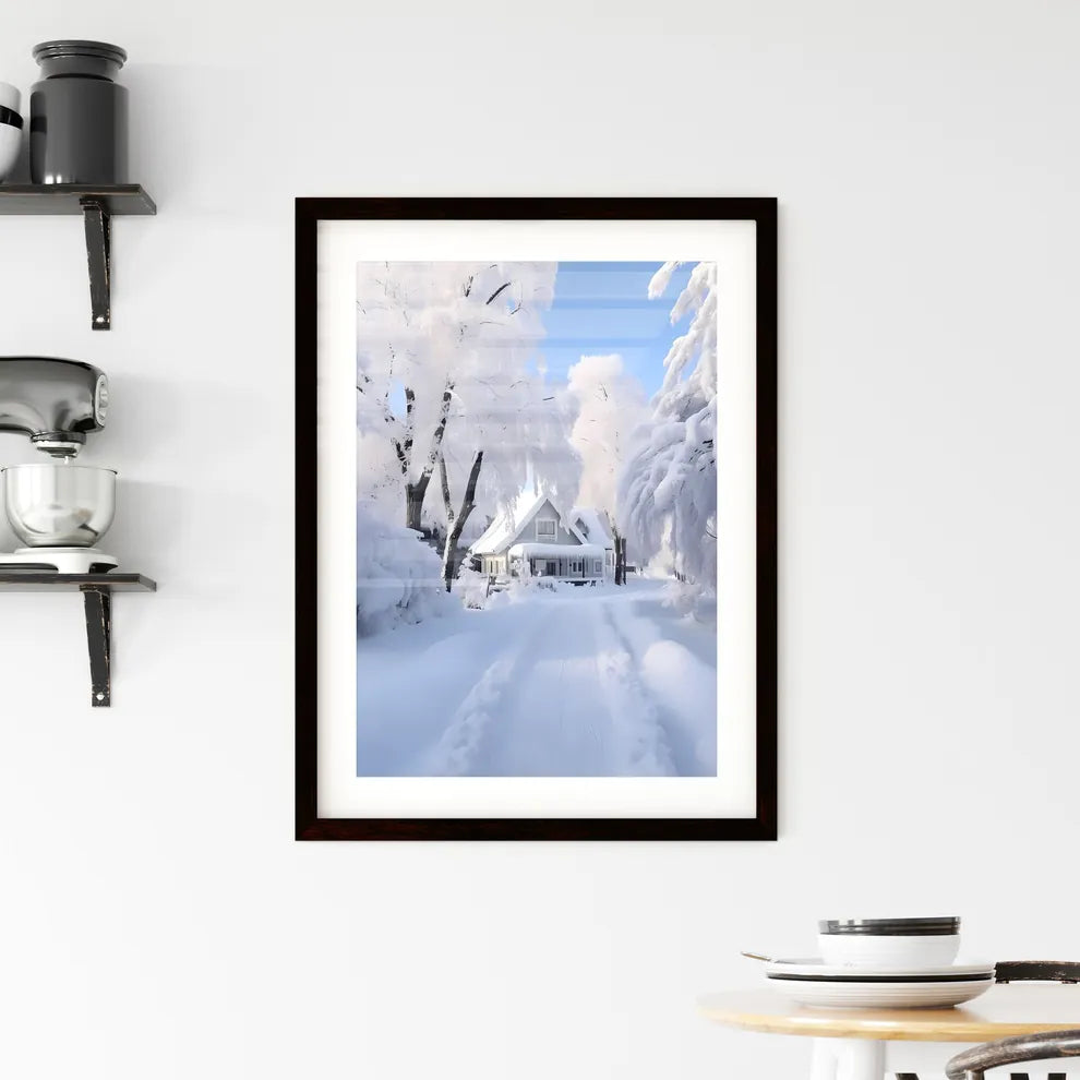 A Poster of beautiful snow scene - A House In The Snow Custom Print