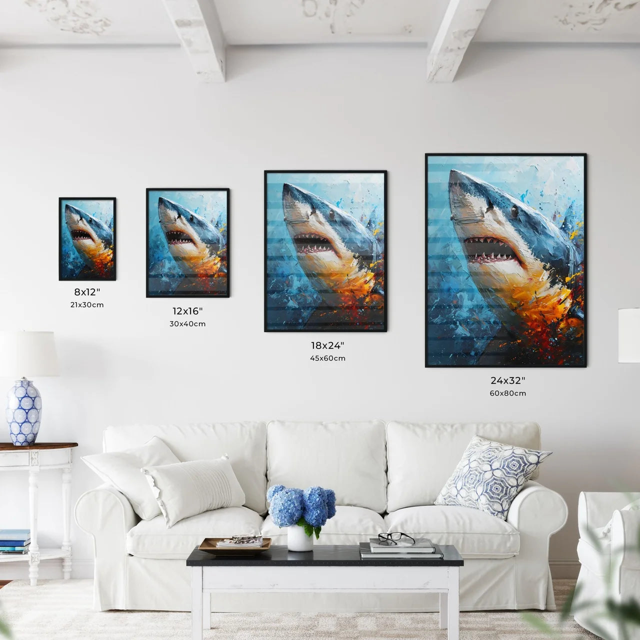 A Poster of The Shark Portrait with colorful Background  Size Chart