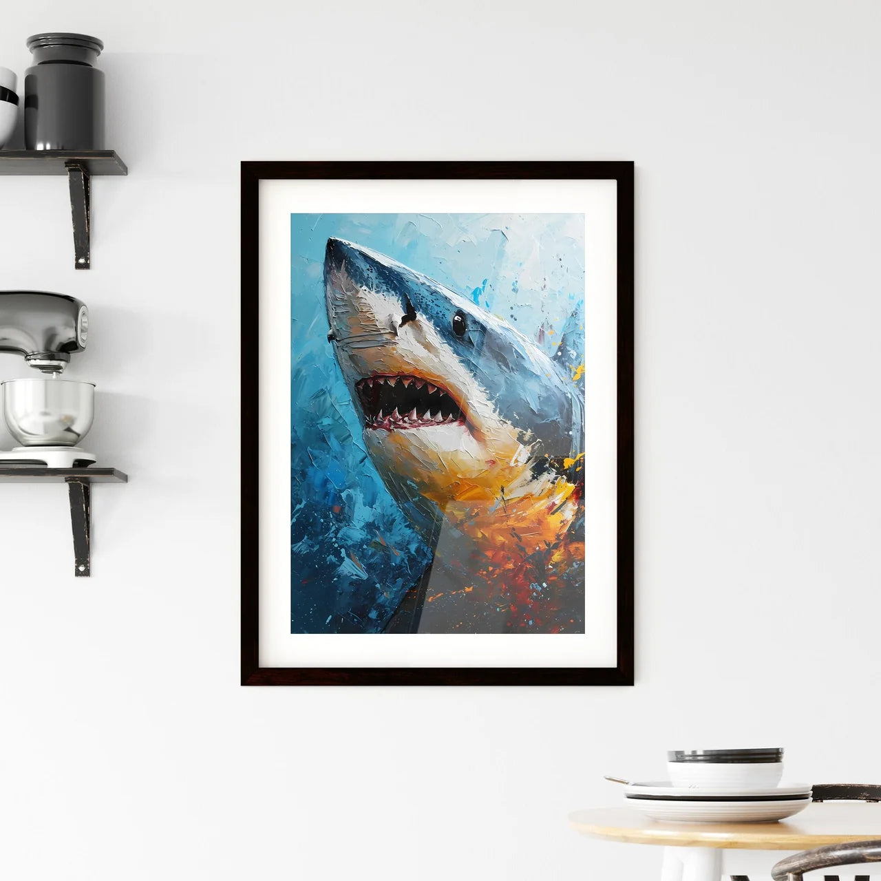 A Poster of The Shark Portrait with colorful Background  Framed Print