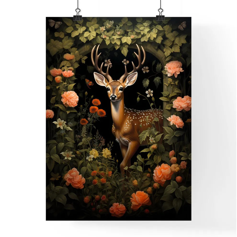 A Poster of the deer is standing by a tree  Poster