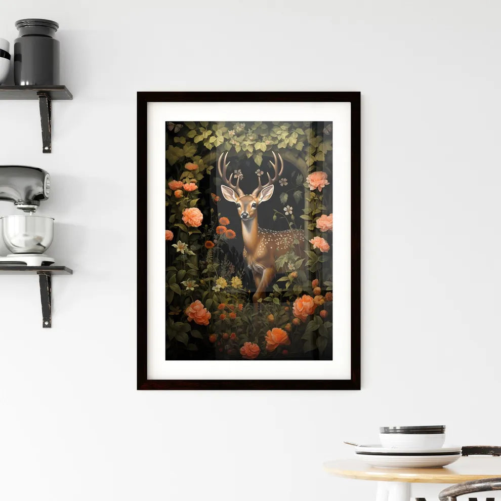 A Poster of the deer is standing by a tree  Framed Print