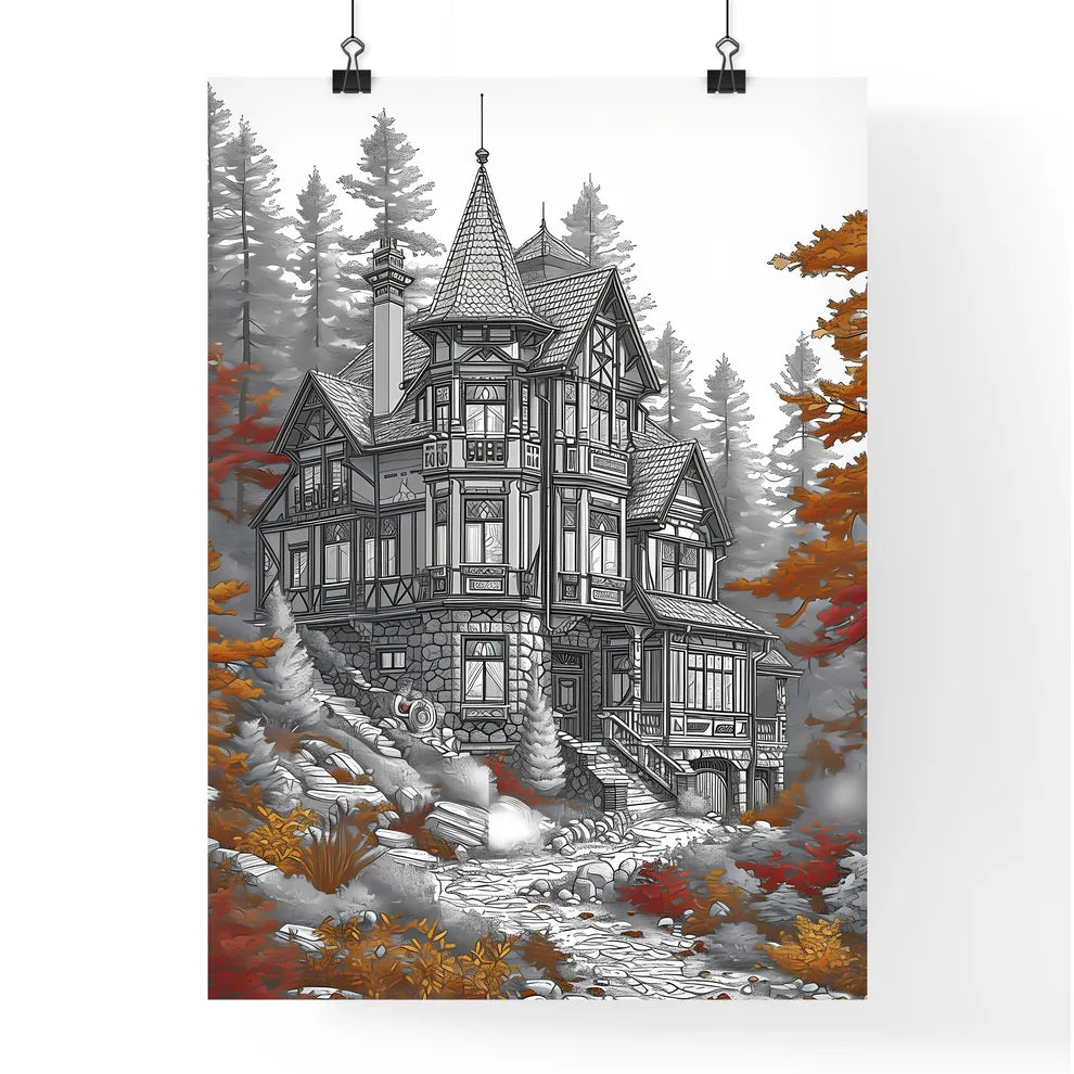 A Poster of coloring page for kids summer - A Drawing Of A House In The Woods Poster