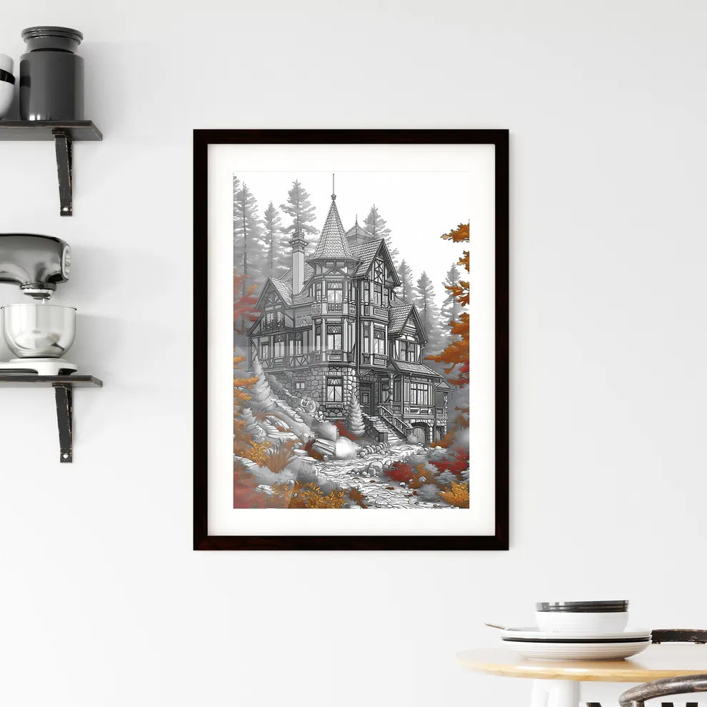 A Poster of coloring page for kids summer - A Drawing Of A House In The Woods Custom Print