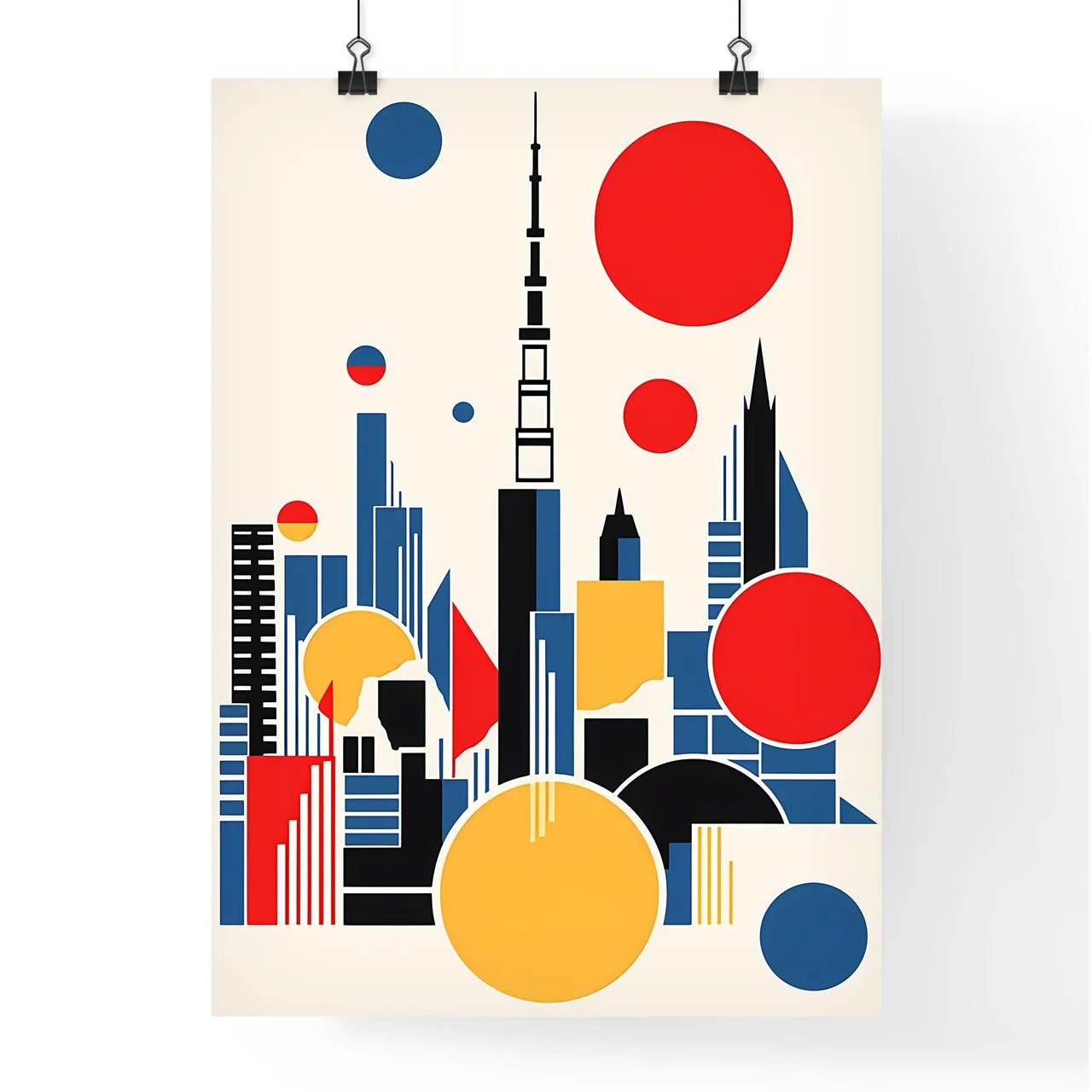 A Poster of minimalist Tokyo skyline - A Colorful Cityscape With Red Circles And A Tower Poster