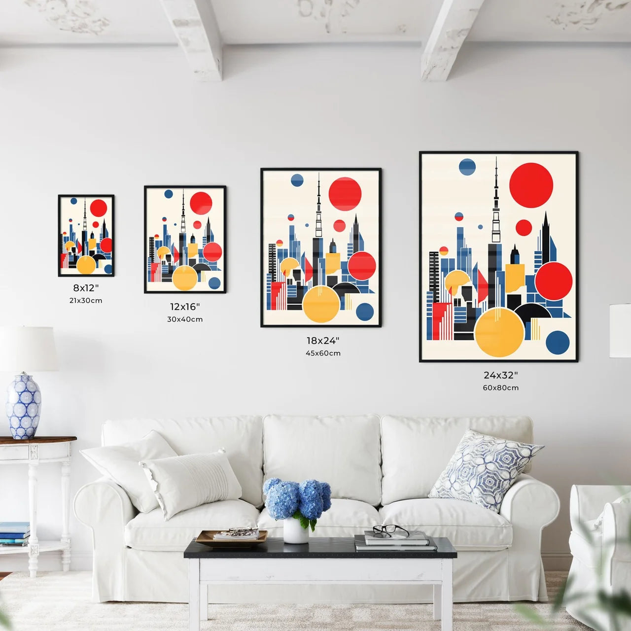 A Poster of minimalist Tokyo skyline - A Colorful Cityscape With Red Circles And A Tower Size Chart