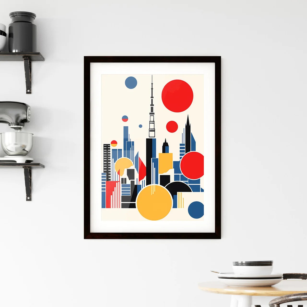 A Poster of minimalist Tokyo skyline - A Colorful Cityscape With Red Circles And A Tower Custom Print