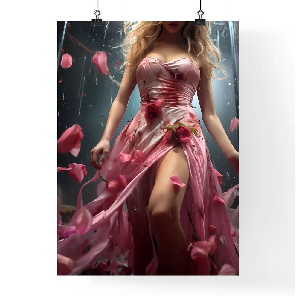 A Poster of A young lady is wearing a pink d Poster