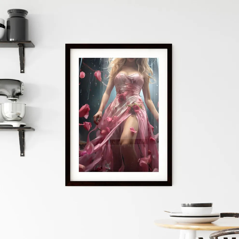 A Poster of A young lady is wearing a pink d Framed Print