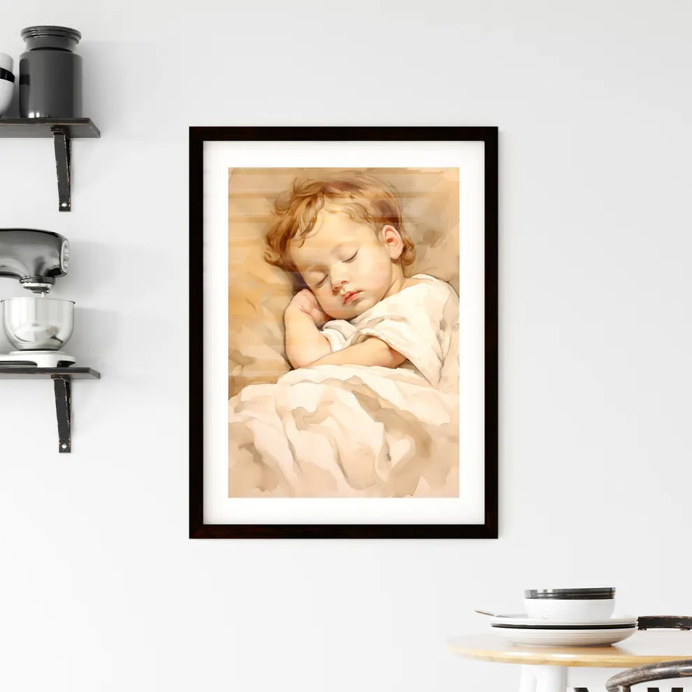 A Poster of baby sleeping in a white blanket Framed Print