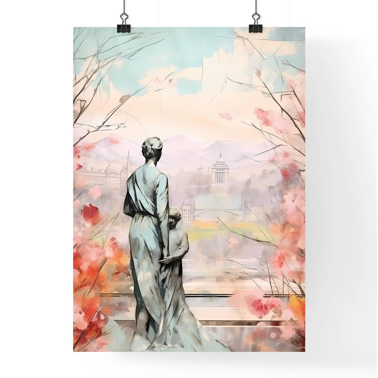 A Poster of mothers day background - A Statue Of A Woman And Child Looking At A City Poster