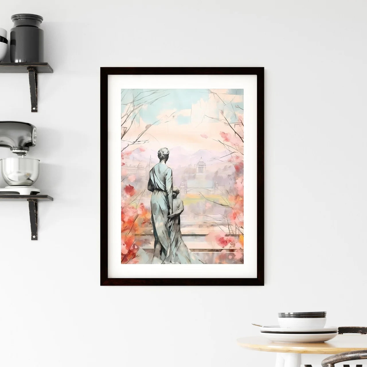 A Poster of mothers day background - A Statue Of A Woman And Child Looking At A City Custom Print
