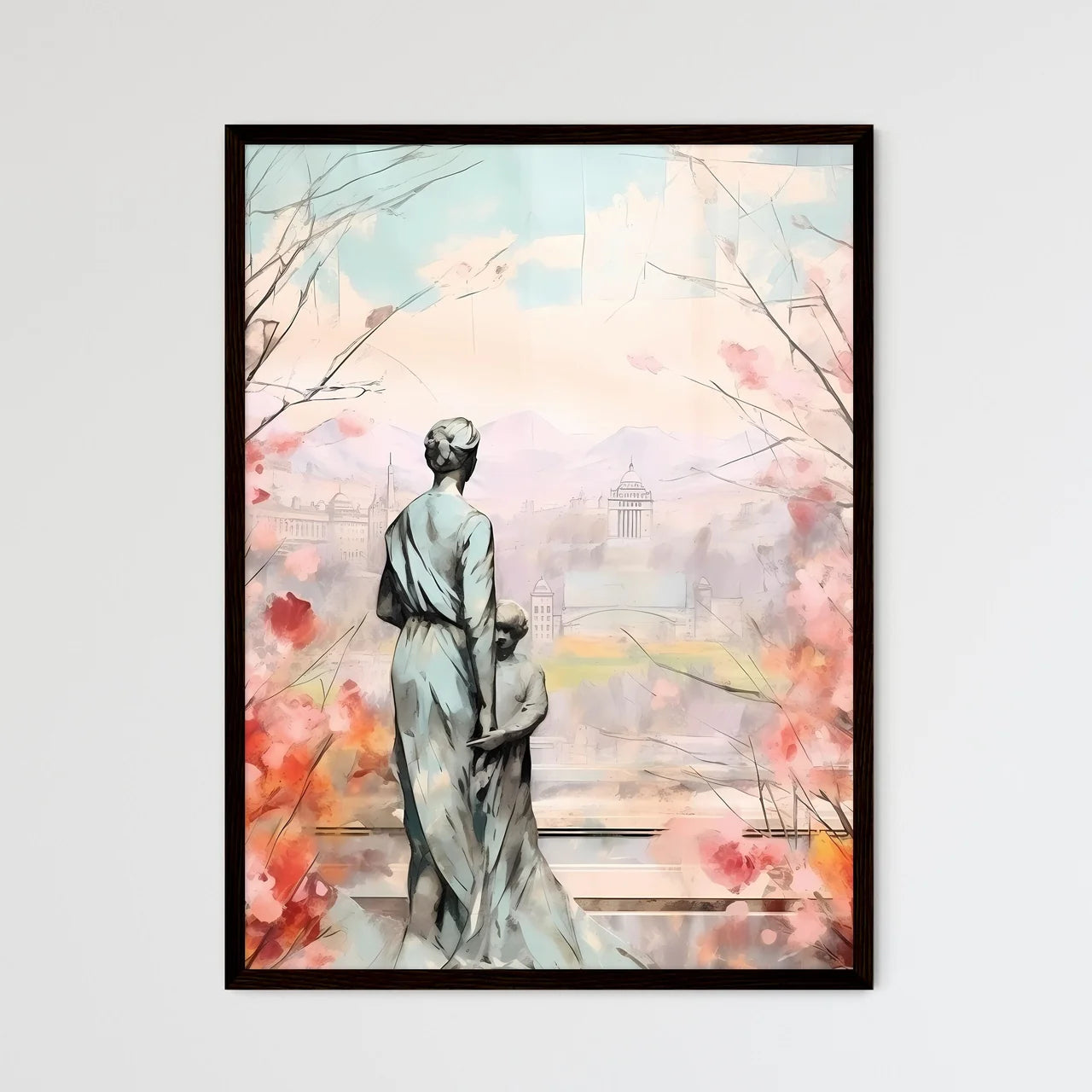 A Poster of mothers day background - A Statue Of A Woman And Child Looking At A City Framed Art