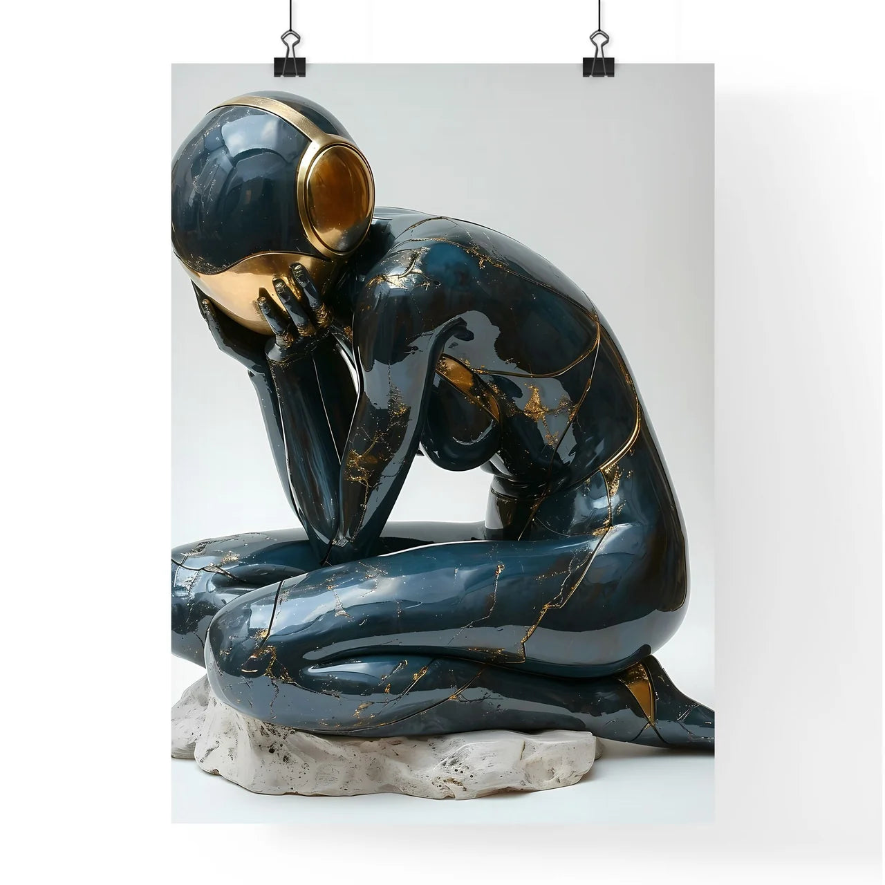 A Poster of a woman wearing chrome reflective body suite  Poster