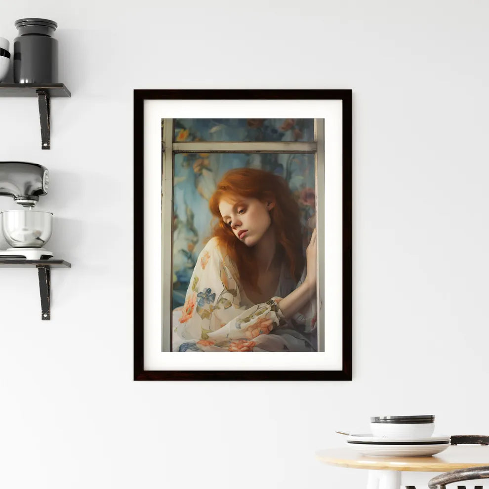 A Poster of woman with red hair sitting - A  Framed Print