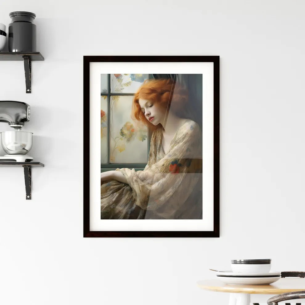 A Poster of woman with red hair sitting - A  Framed Print