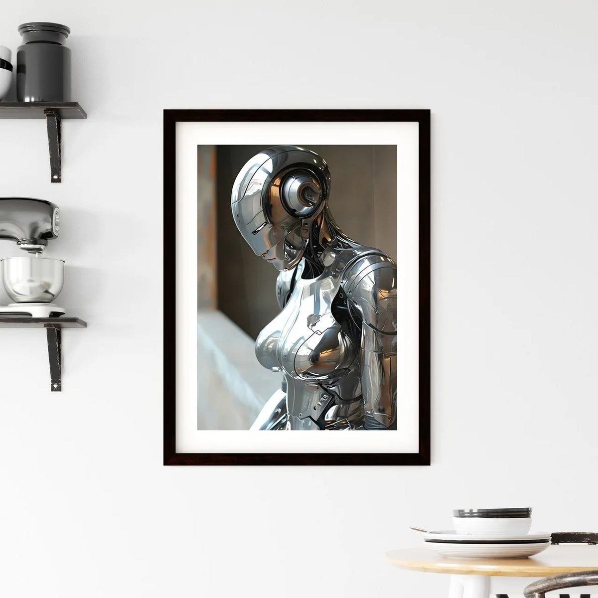 A Poster of a woman wearing chrome reflectiv Framed Print