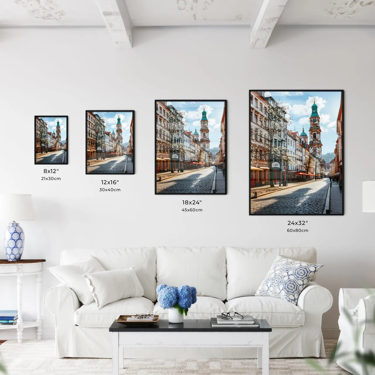 A Poster of Darmstadt Hesse germany Skyline - A Street With Buildings And A Clock Tower Size Chart