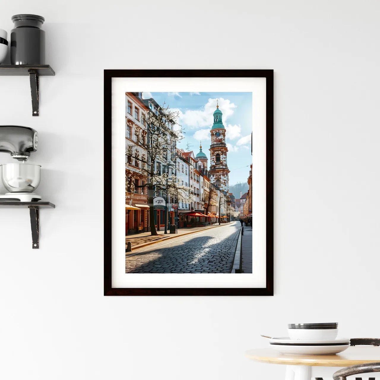 A Poster of Darmstadt Hesse germany Skyline - A Street With Buildings And A Clock Tower Custom Print