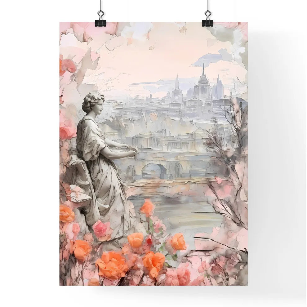 A Poster of mothers day background - A Statue Of A Woman In A Garden With Flowers Poster