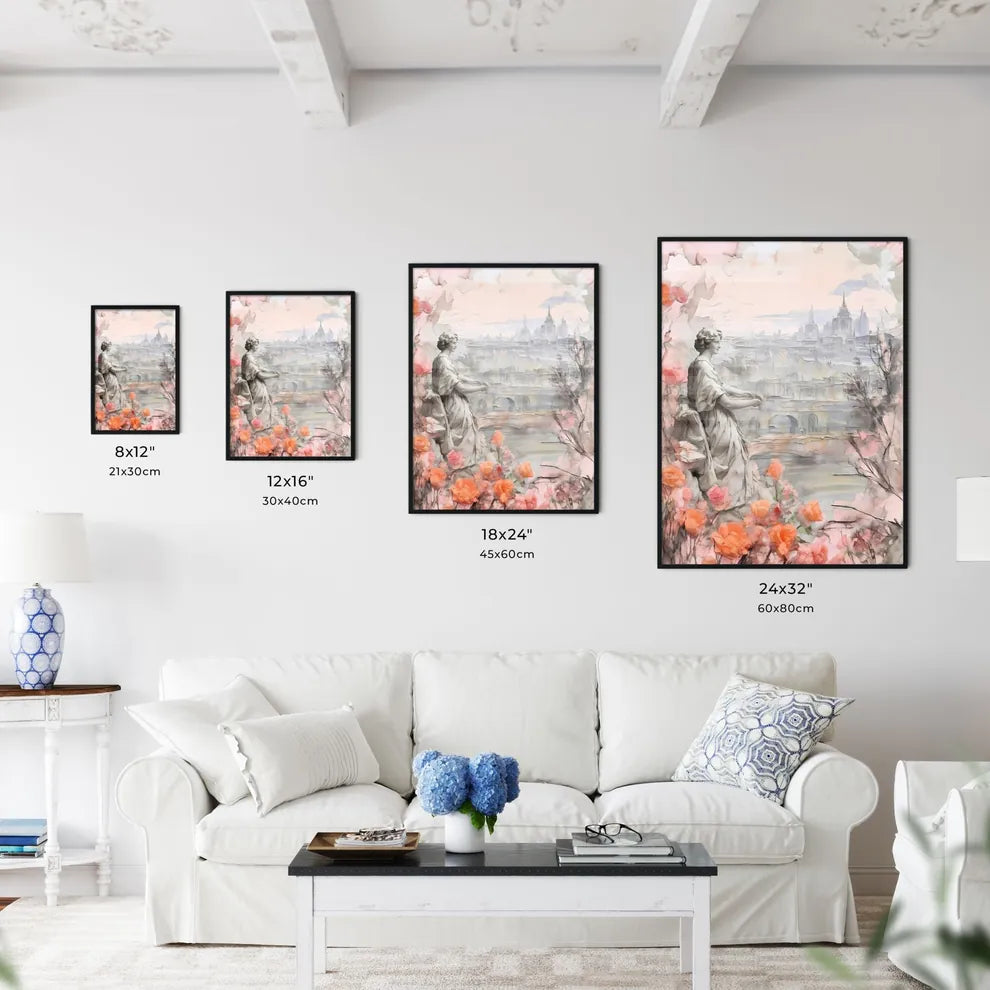 A Poster of mothers day background - A Statue Of A Woman In A Garden With Flowers Size Chart