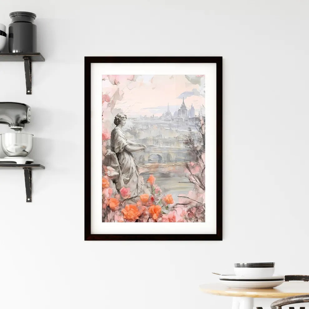 A Poster of mothers day background - A Statue Of A Woman In A Garden With Flowers Custom Print