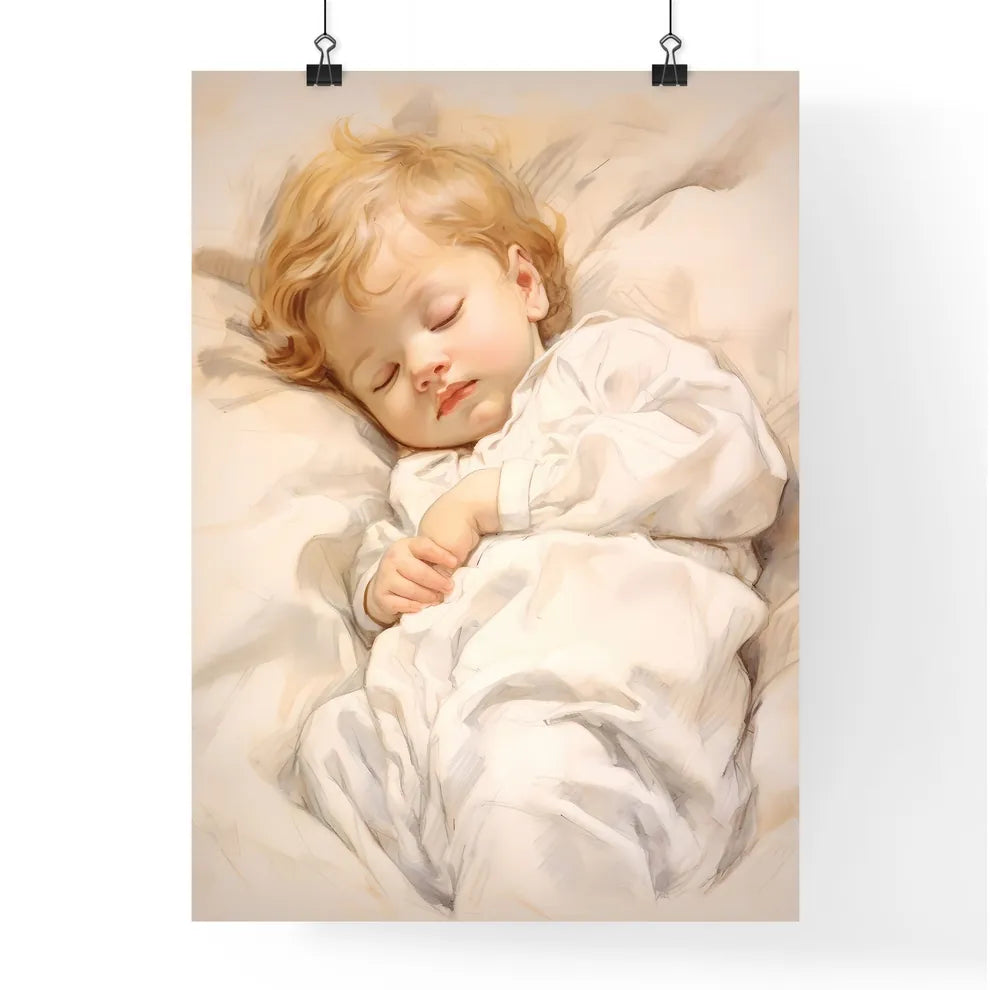 A Poster of baby sleeping in a white blanket Poster