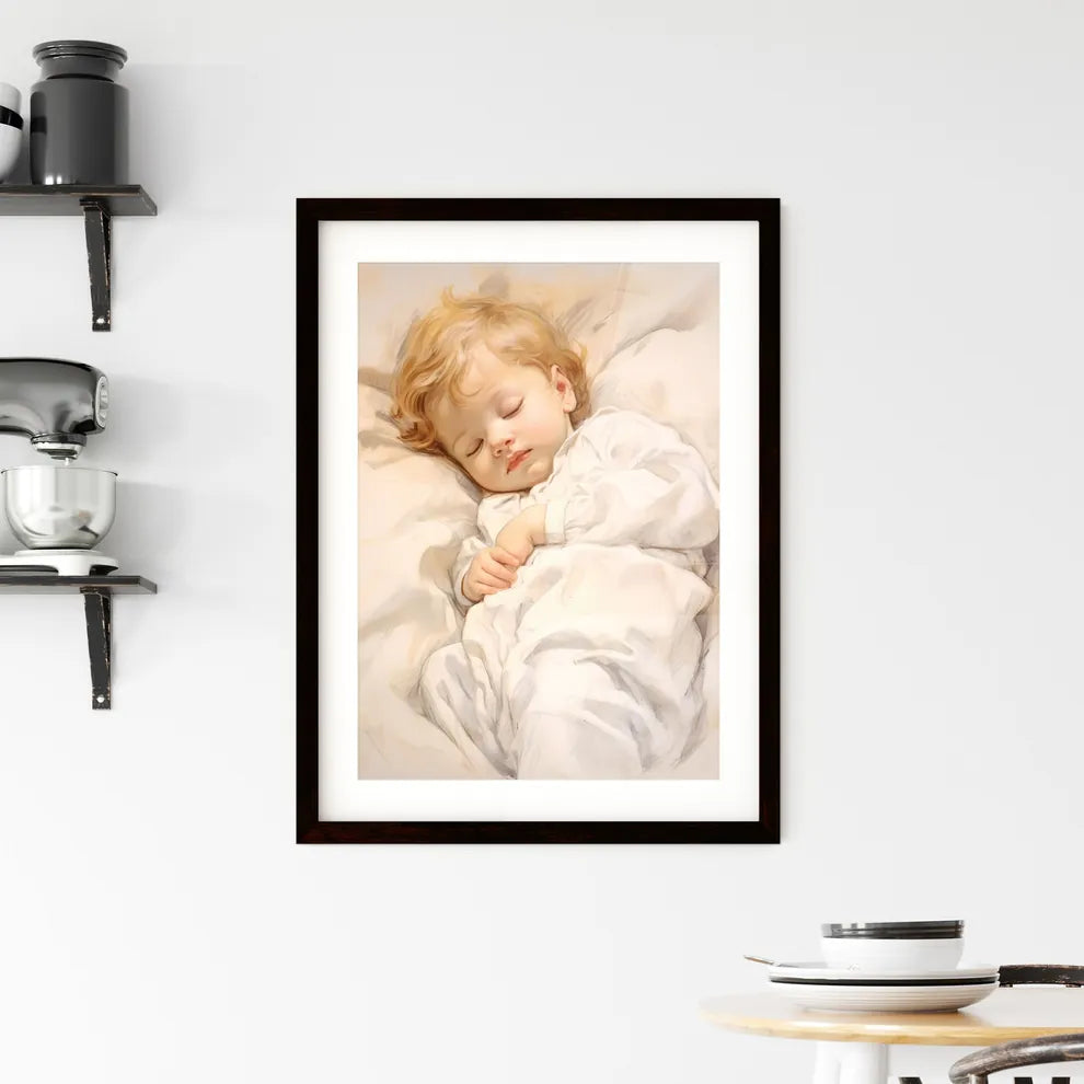 A Poster of baby sleeping in a white blanket Framed Print