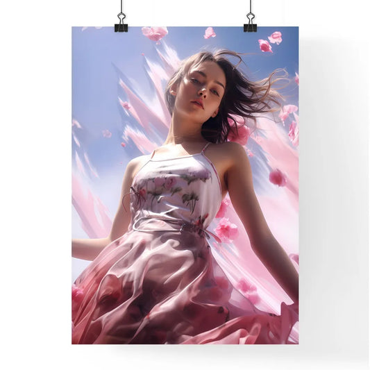 A Poster of A young lady is wearing a pink d Poster