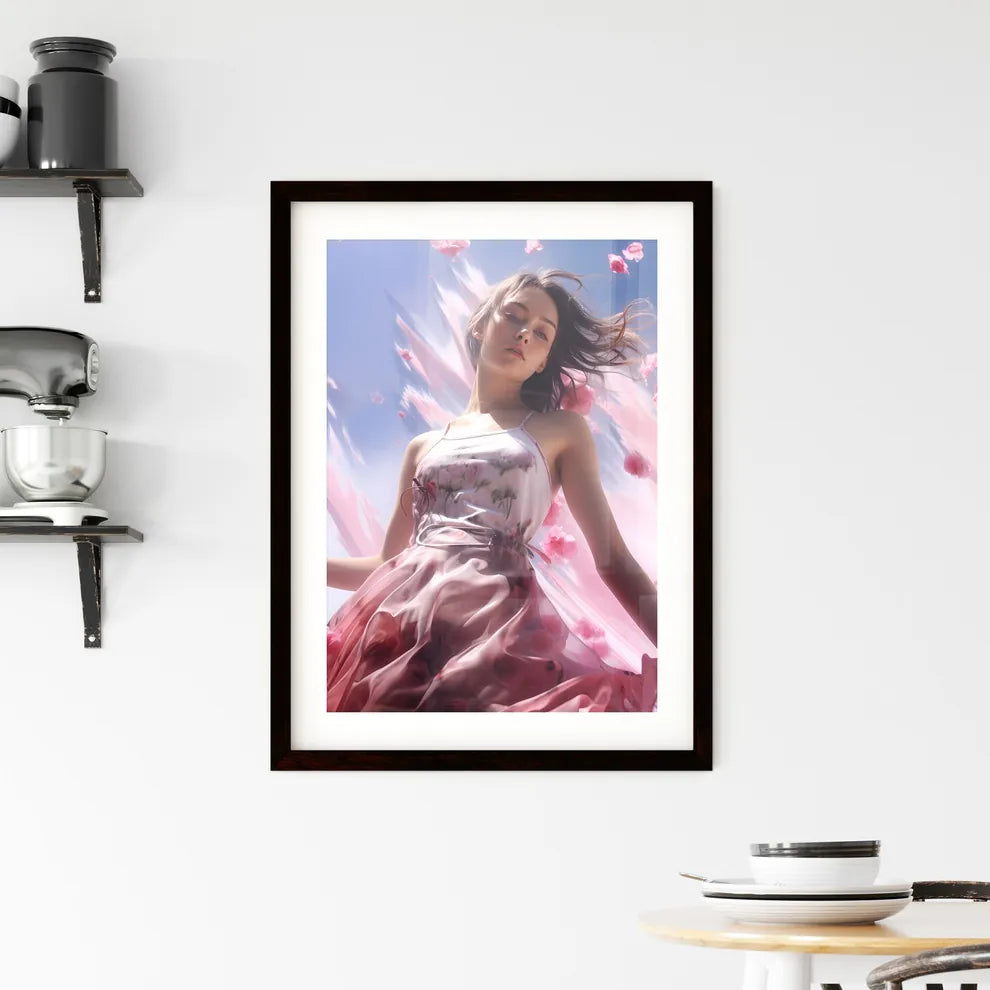 A Poster of A young lady is wearing a pink d Framed Print
