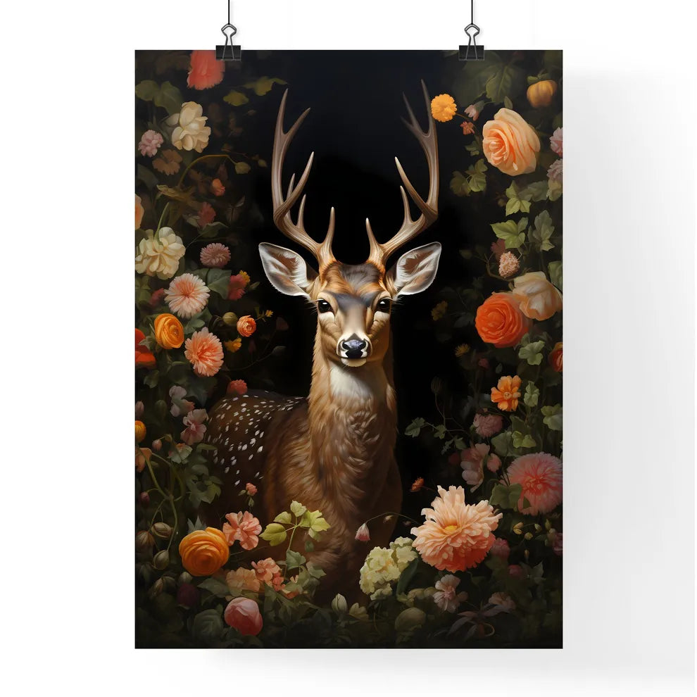 A Poster of the deer is standing by a tree  Poster
