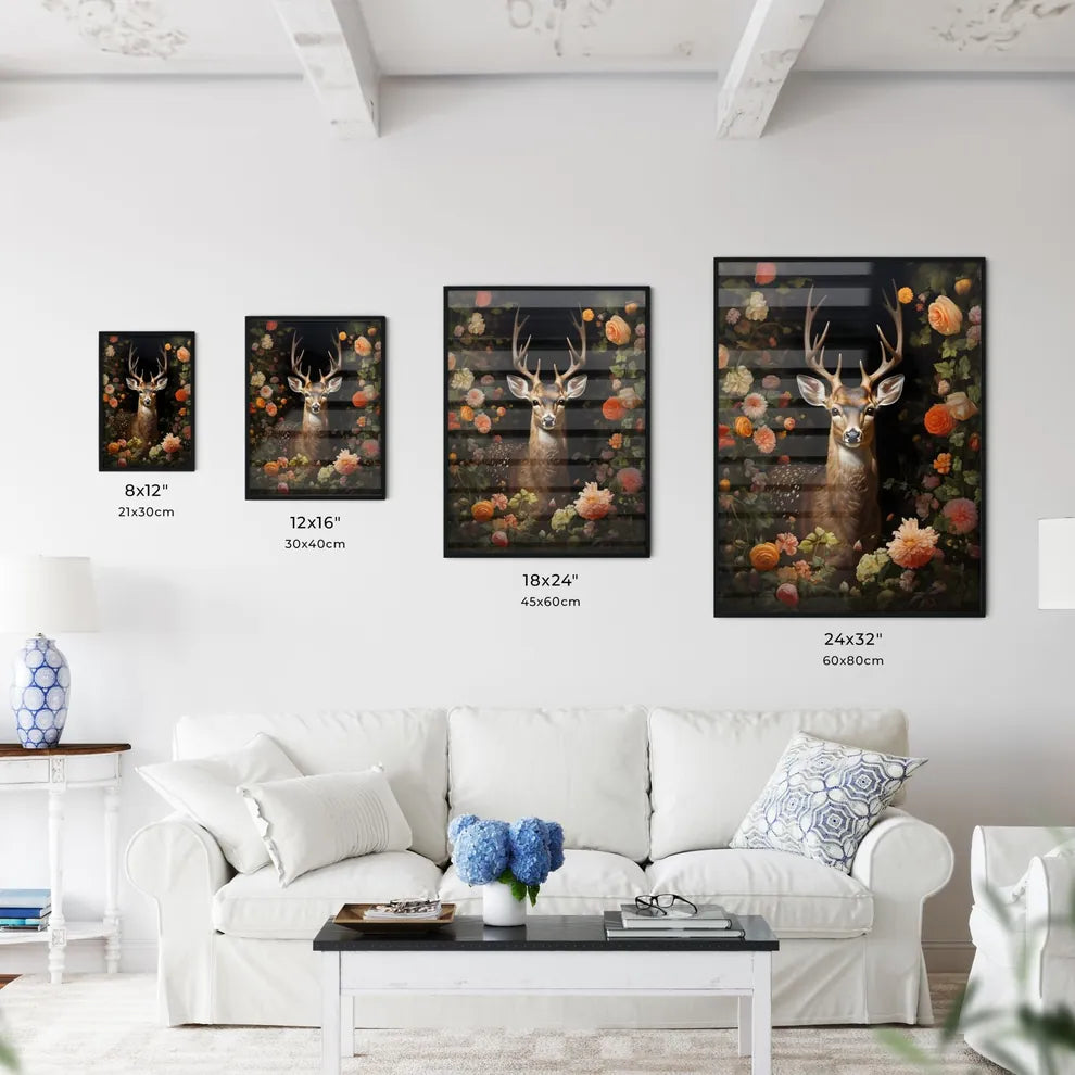 A Poster of the deer is standing by a tree  Size Chart