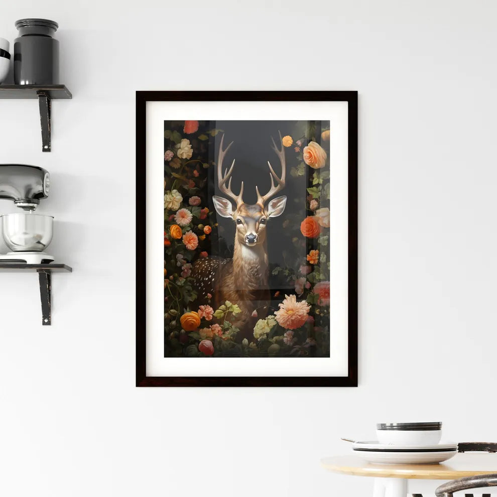 A Poster of the deer is standing by a tree  Framed Print