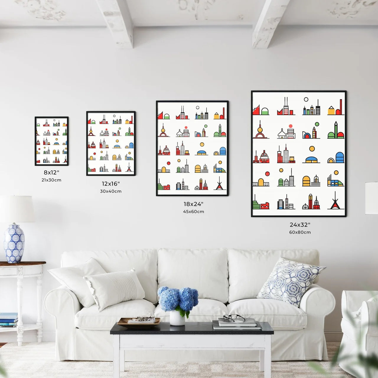 A Poster of minimalist Tokyo skyline - A Collection Of Colorful Buildings Size Chart