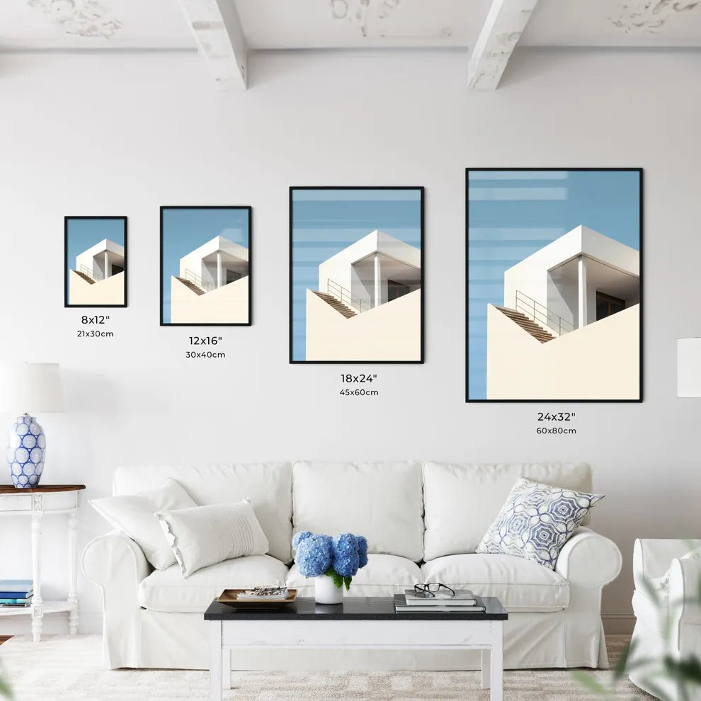 A Poster of diminished minimalism art - A White Building With Stairs Size Chart
