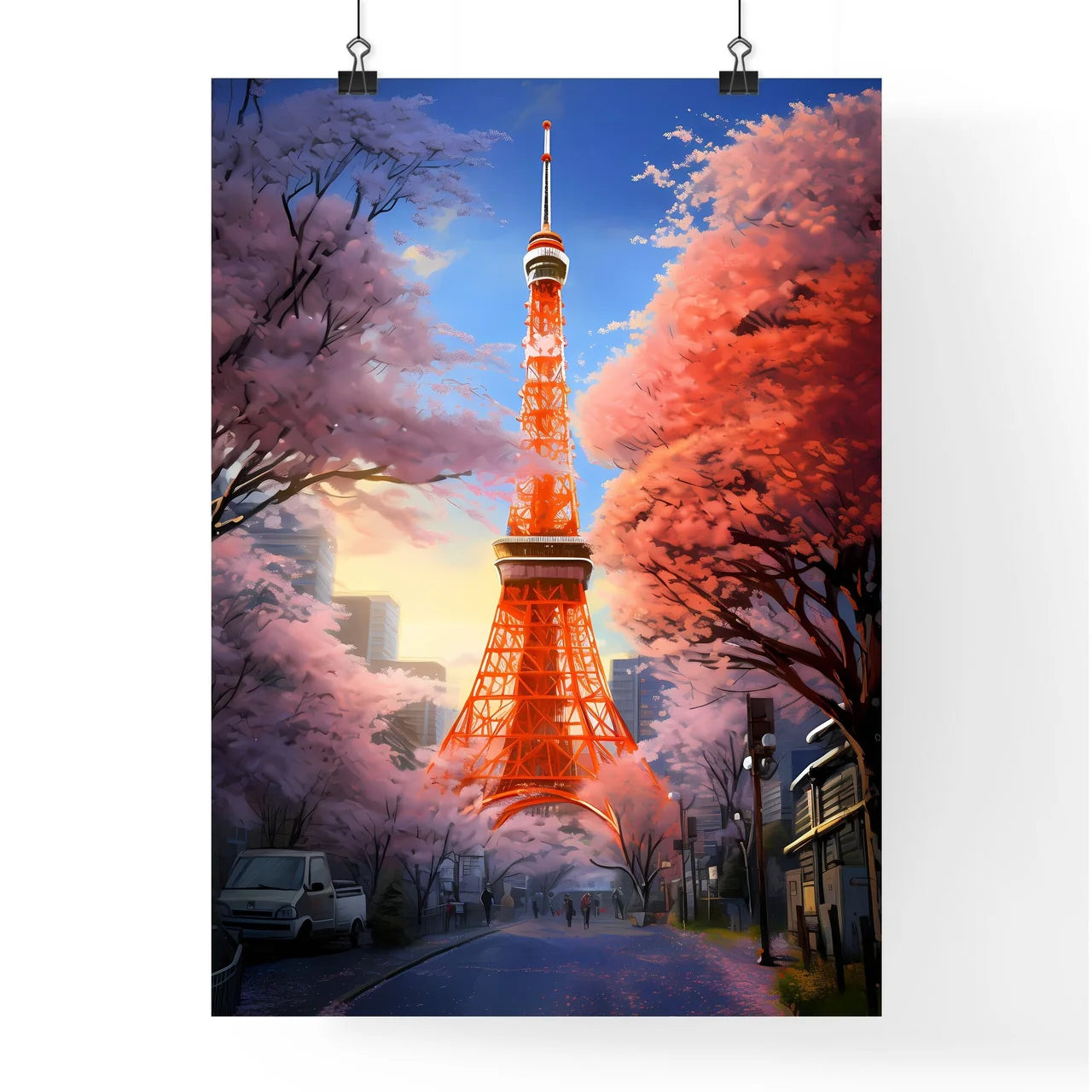 A Poster of A painting of the Tokyo Tower - Tokyo Tower With Trees In The Background Poster