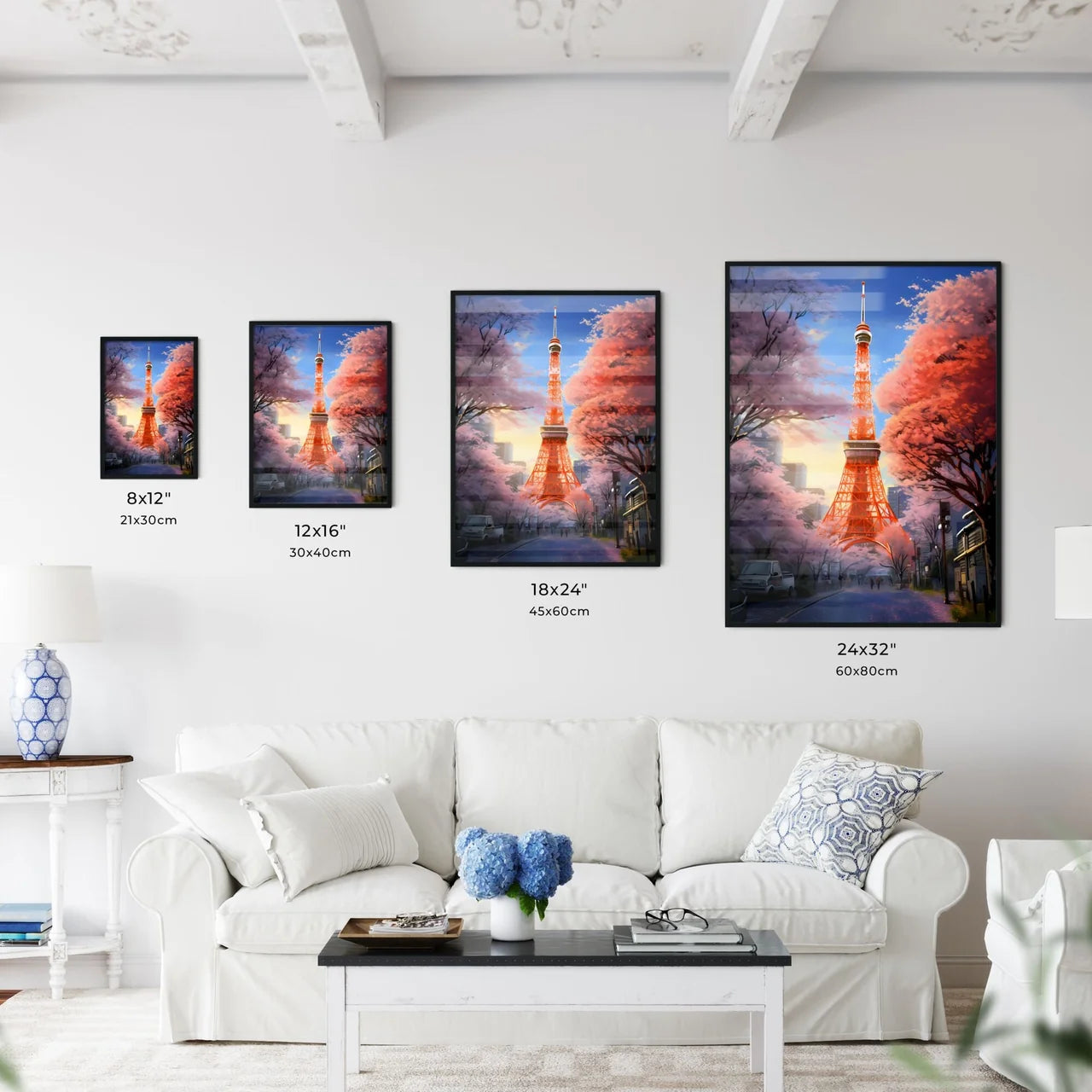 A Poster of A painting of the Tokyo Tower - Tokyo Tower With Trees In The Background Size Chart