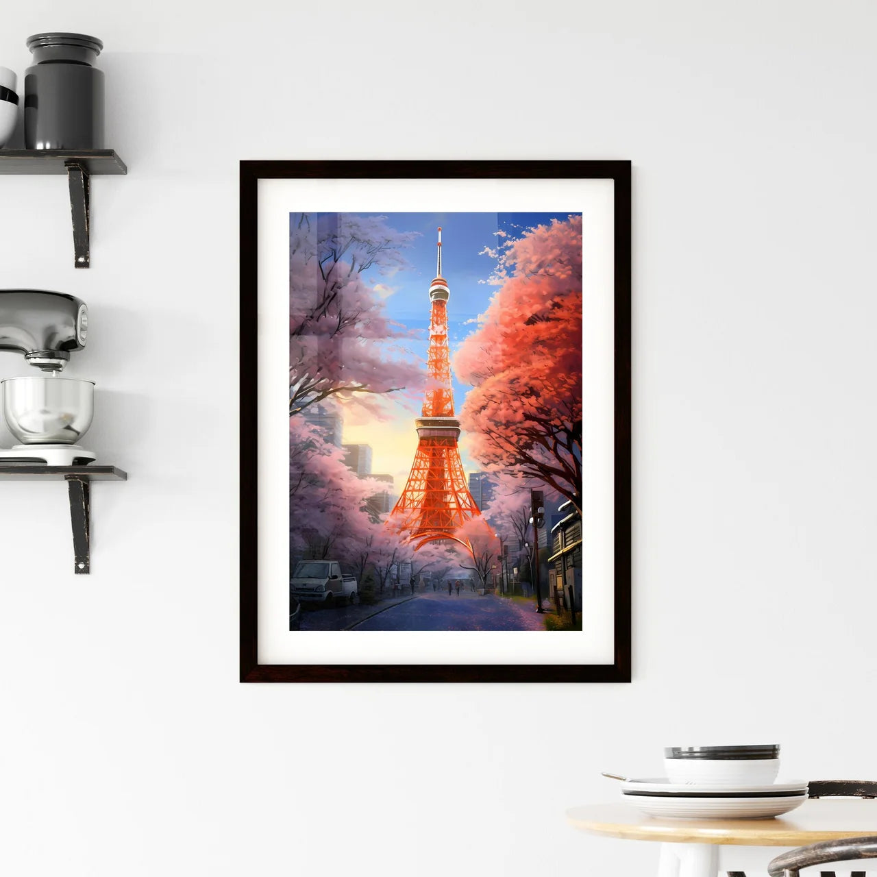 A Poster of A painting of the Tokyo Tower - Tokyo Tower With Trees In The Background Custom Print