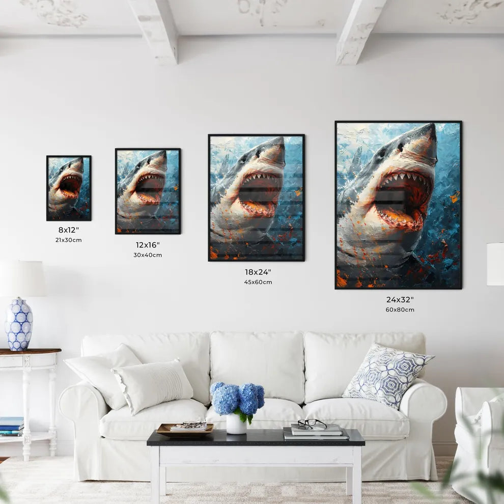 A Poster of The Shark Portrait with colorful Background  Size Chart