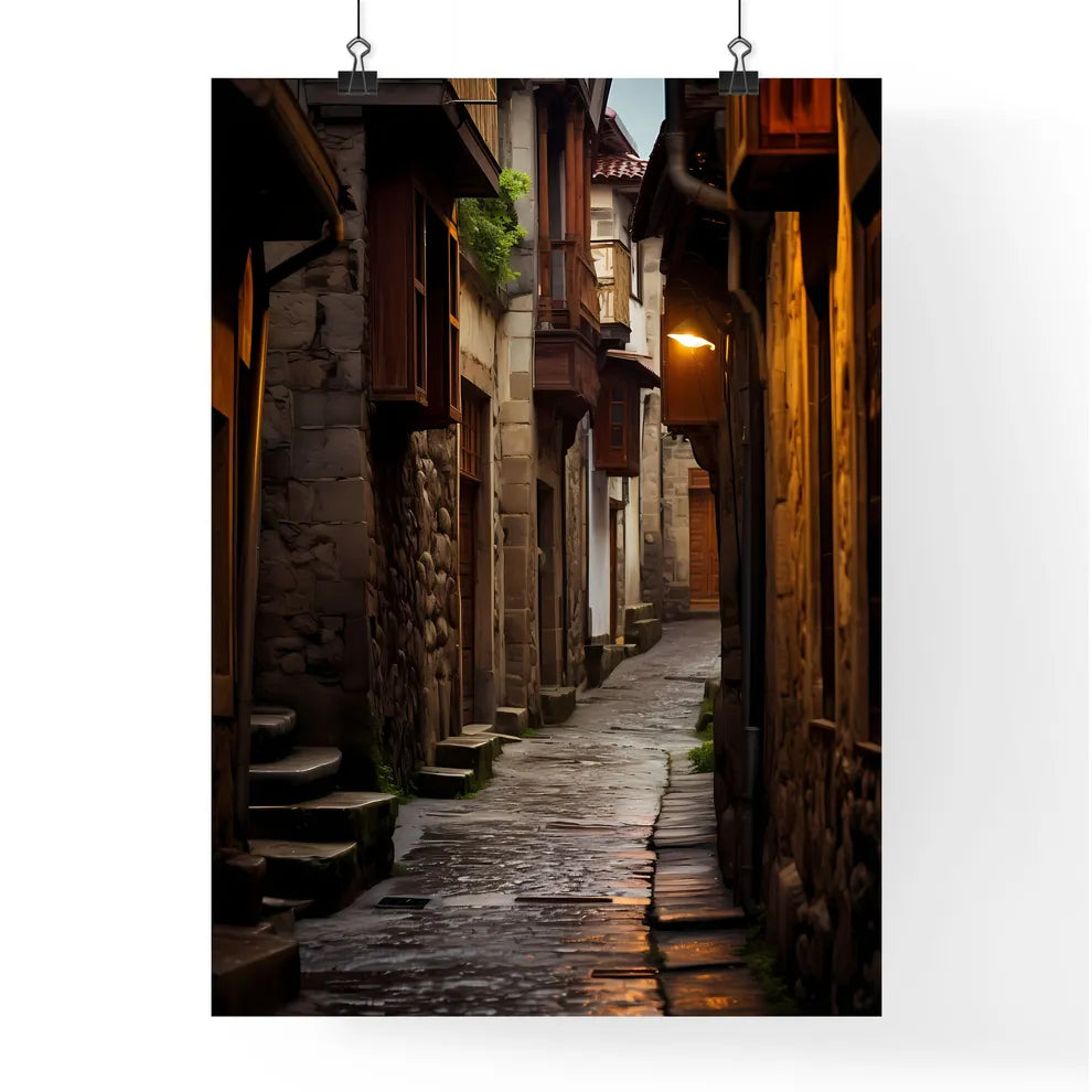 A Poster of Narrow street Ottoman architecture - A Stone Alleyway With A Light On The Side Poster
