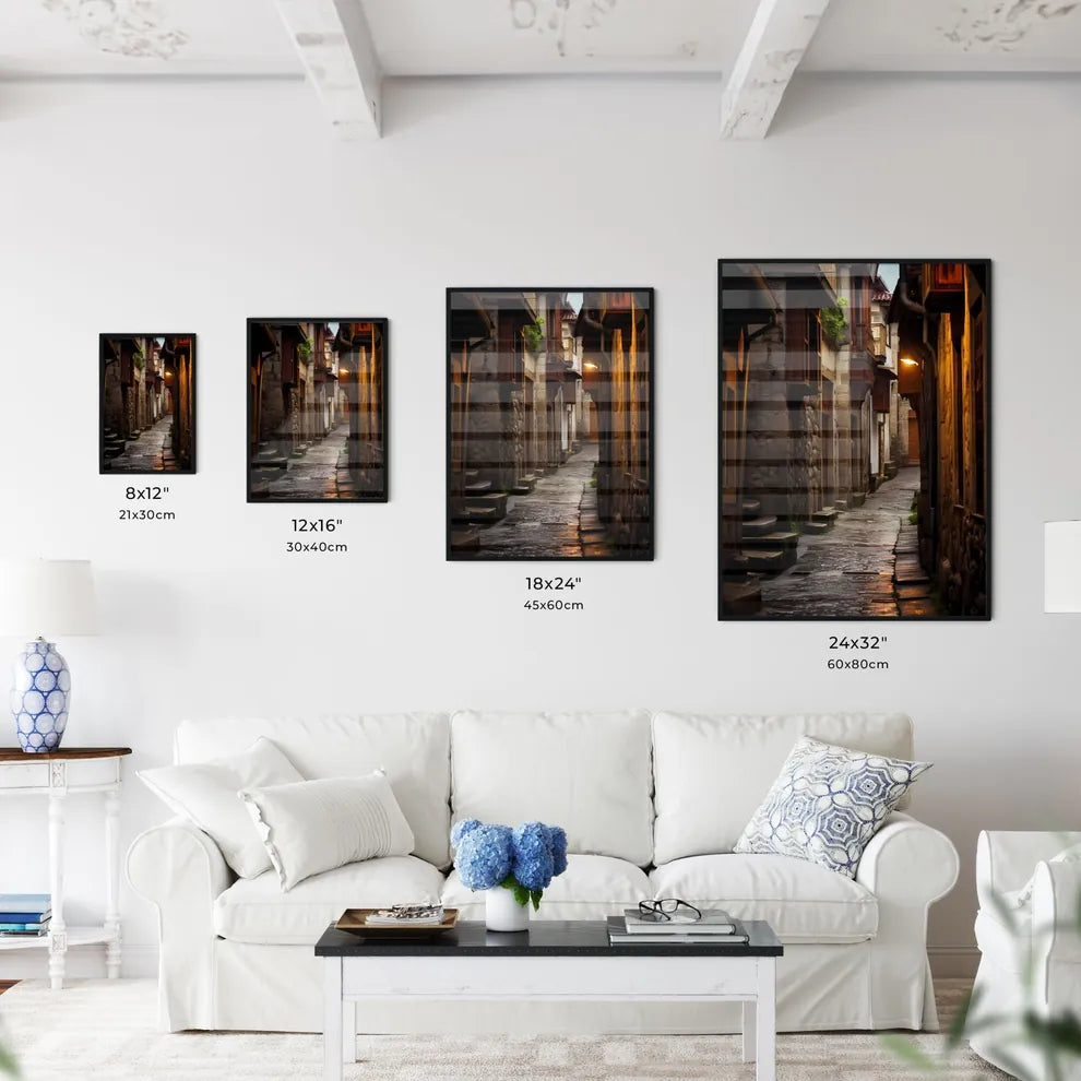 A Poster of Narrow street Ottoman architecture - A Stone Alleyway With A Light On The Side Size Chart