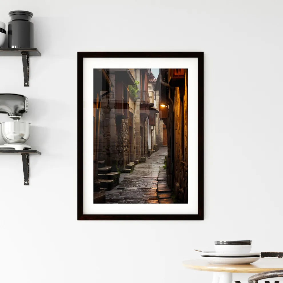 A Poster of Narrow street Ottoman architecture - A Stone Alleyway With A Light On The Side Custom Print
