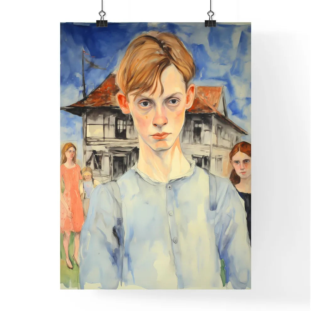 A Poster of In a country side - A Painting Of A Boy In Front Of A House Poster