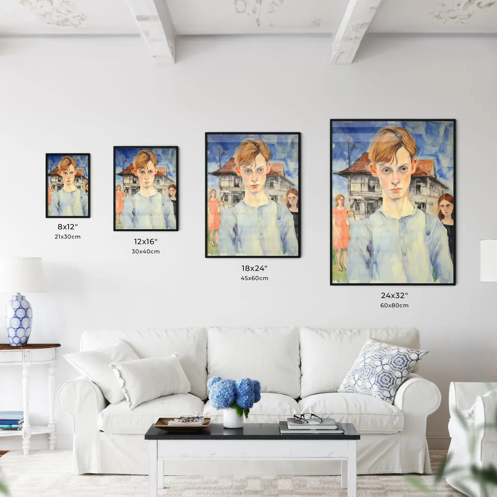 A Poster of In a country side - A Painting Of A Boy In Front Of A House Size Chart