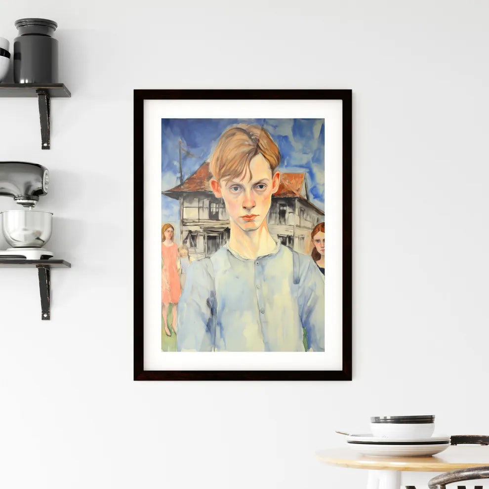 A Poster of In a country side - A Painting Of A Boy In Front Of A House Custom Print