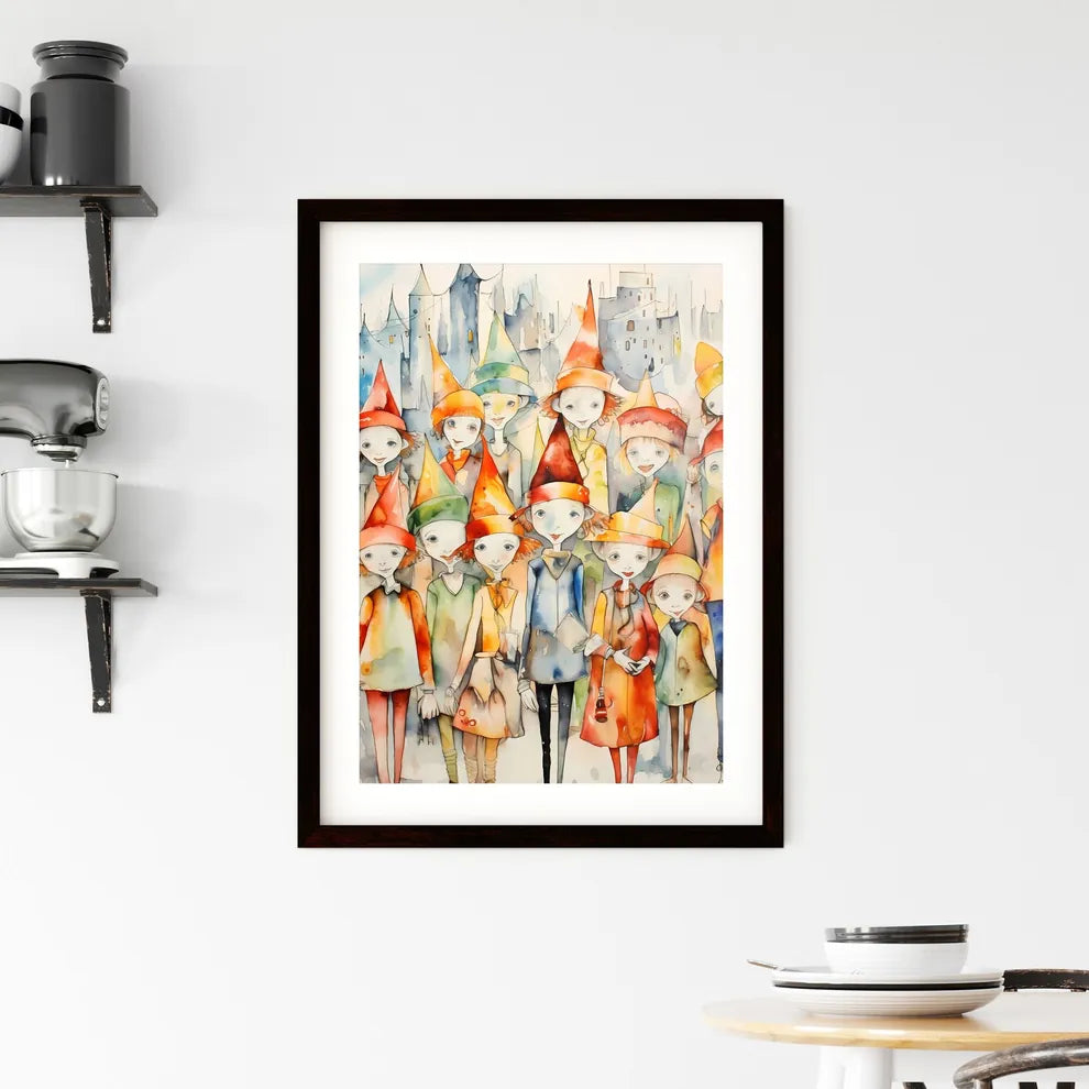 A Poster of whimsical colorful illustration of Christmas Elfs  Framed Print
