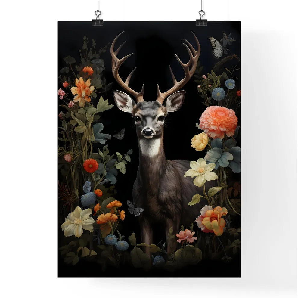 A Poster of a painting of a deer standing in the forest  Poster